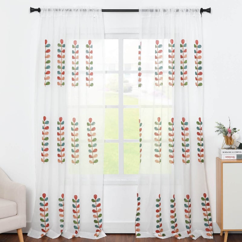 VOGOL Sheer Curtains 84 Inches Long, Colorful Leaves Embroidered White Sheer Window Curtain for Living Room/Dining Room, Rod Pocket, 52 x 84, 2 Panels - Image 1